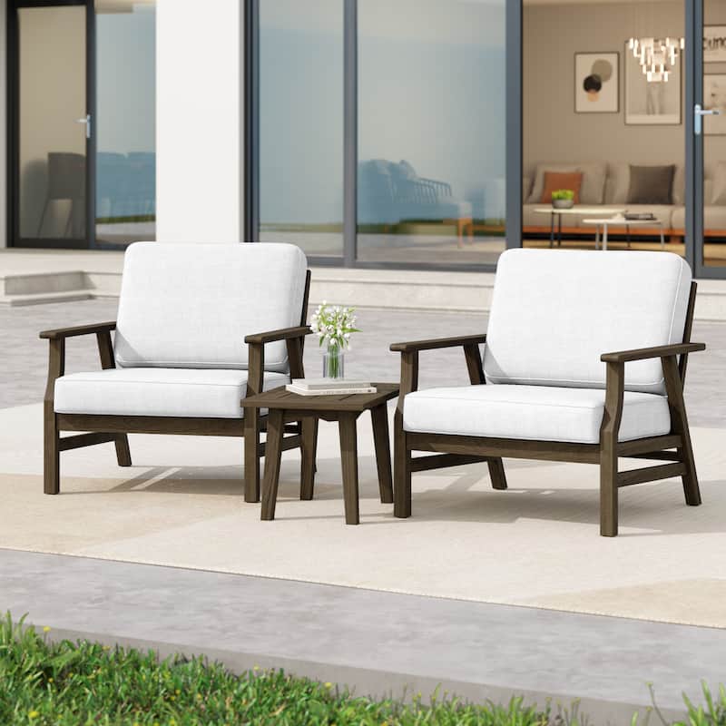 3 Piece Wood Patio Armchair Outdoor Bistro Set with Side Table - Beige-Brown Wood