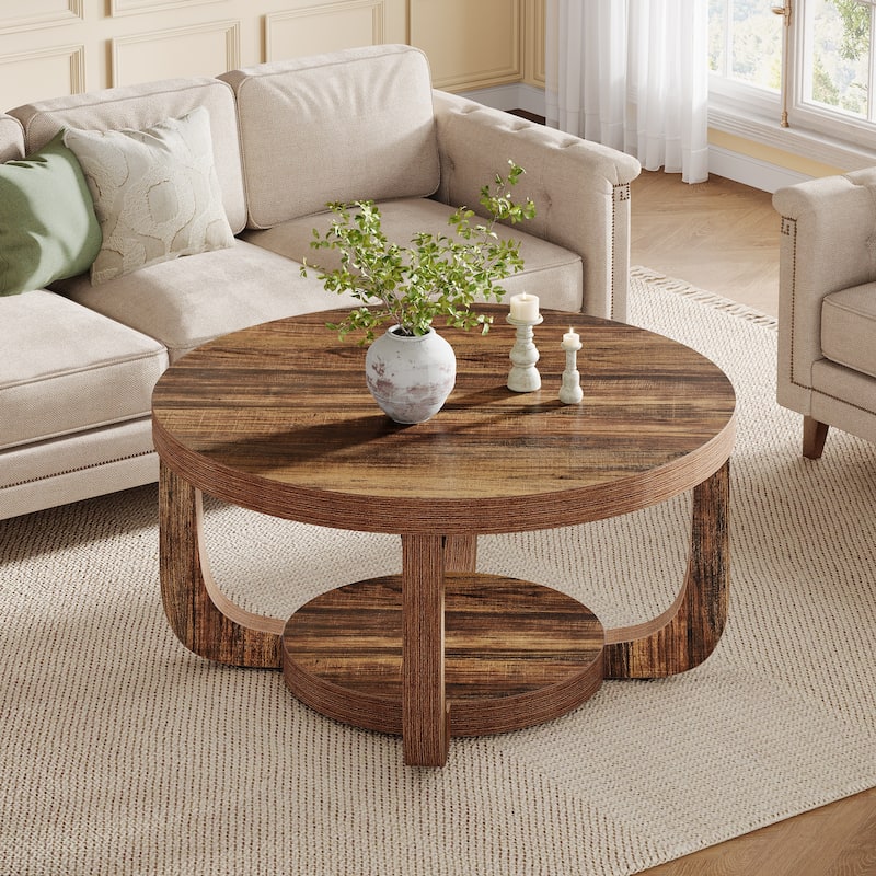 Round Coffee Table, 2-Tier Circle Coffee Table with Storage for Living Room - Large