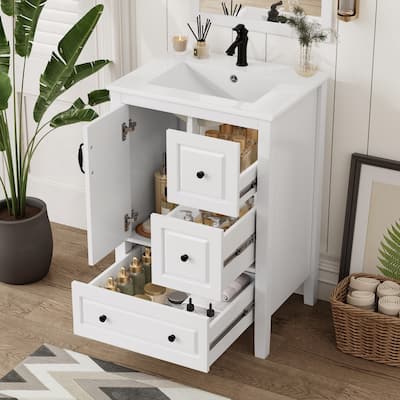 24 inch Bathroom Vanity with Sink, 3 Soft-closing Drawers, Retro Metal Handles