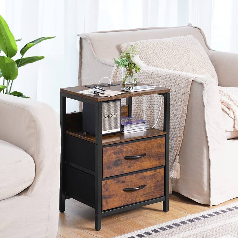 Nightstand with Charging Station, Small Night Stand with Fabric Drawers,Small Spaces Bedside Table with USB Ports & Outlets