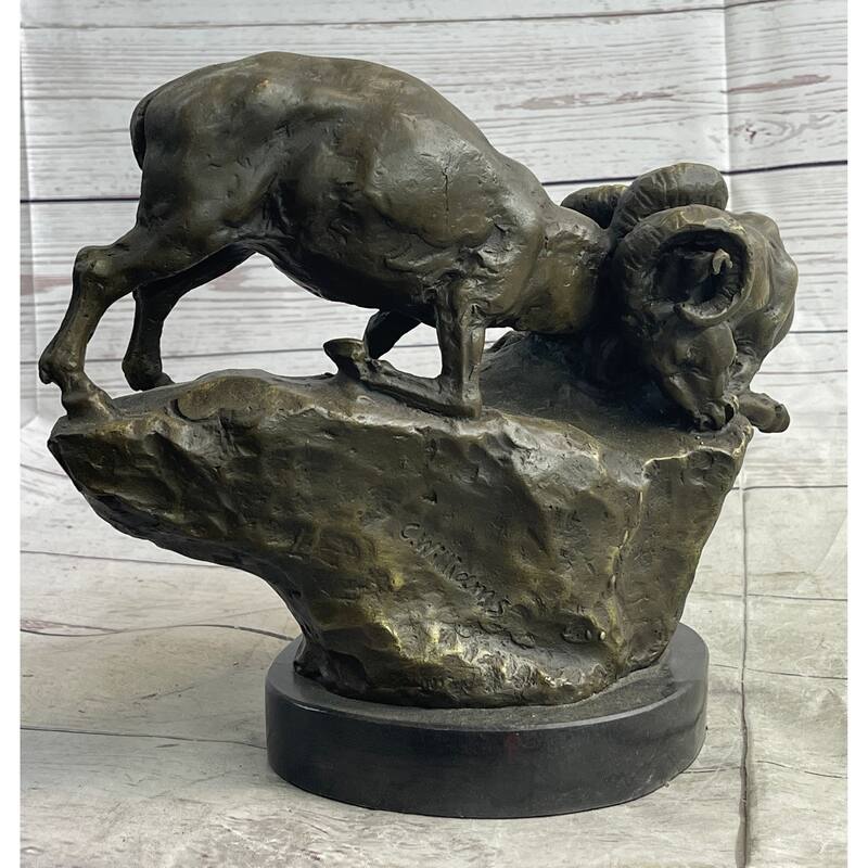 Two Rams Butting Heads Bronze Sculpture Statue Signed Art On Marble Base