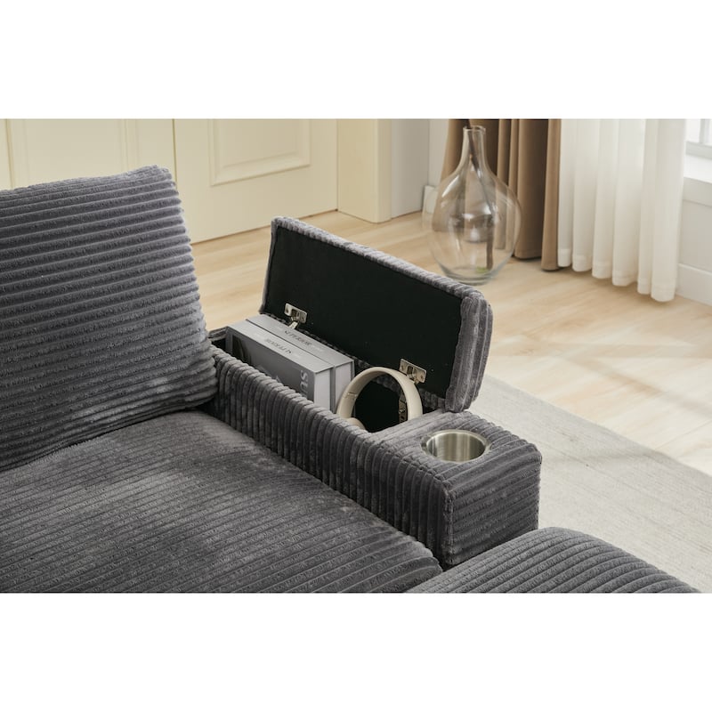 GDFStudio - Seraphina Modular Corduroy Convertible Sectional Sofa Bed with USB and Stainless Steel Cup Holders