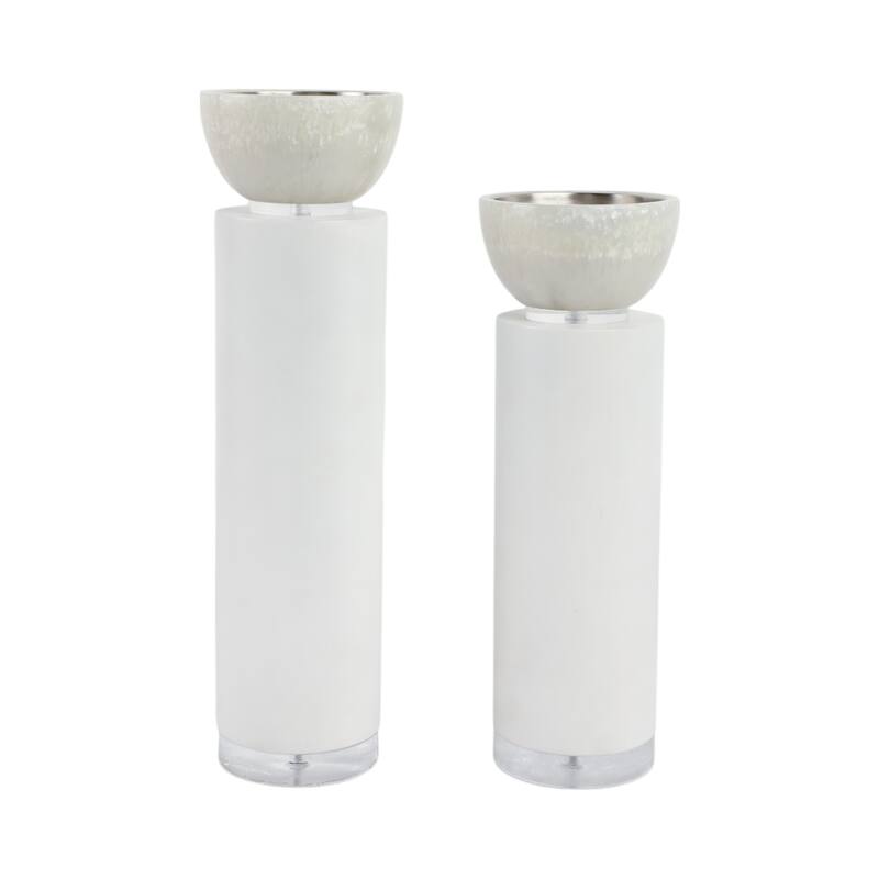Candle Holders Set of 2 - White Resin Cylinder, 11/13" - 12.5"