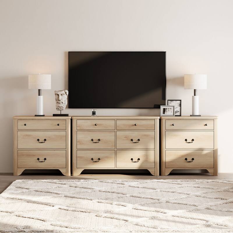 WAMPAT White Dresser TV Stand for TVs up to 110", 12 Drawers Large Dresser Entertainment Center, Wood TV Console Table - Oak