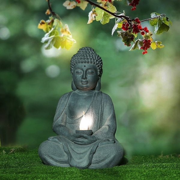 LuxenHome Gray MGO Meditating Buddha Statue with Solar Light