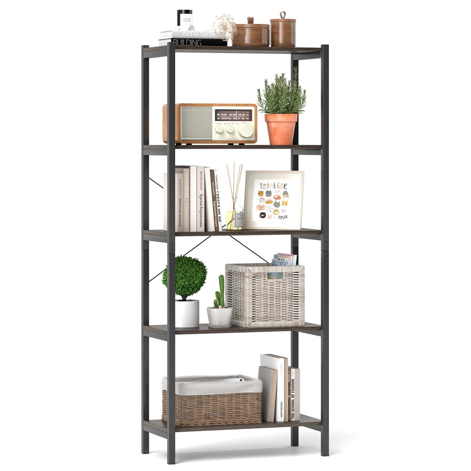 Costway 1/2 PCS 5-Tier Bookshelf Bookcase with Metal Frame & Dual