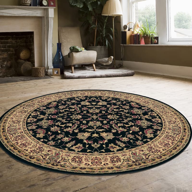 Admire Home Living Caroline Traditional Floral Sarouk Pattern Area Rug - 5'3" Round - Black