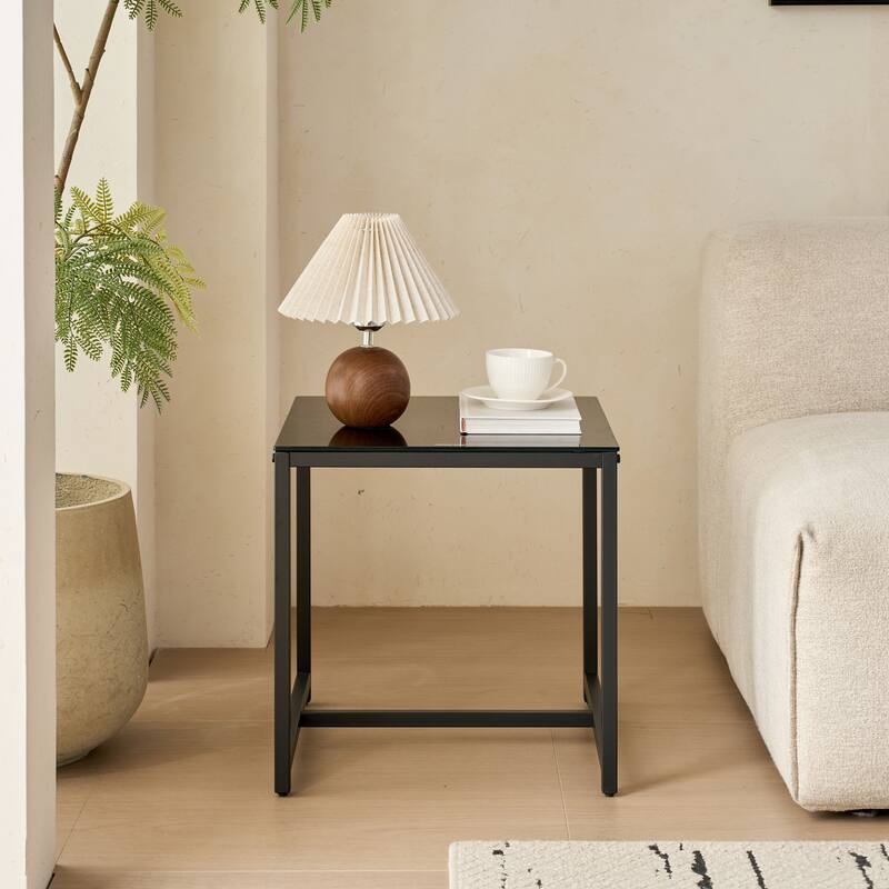2 Pieces Black Glass Night Stand,MDF Side Table, Small Tea Table, Sofa Table with Metal Leg