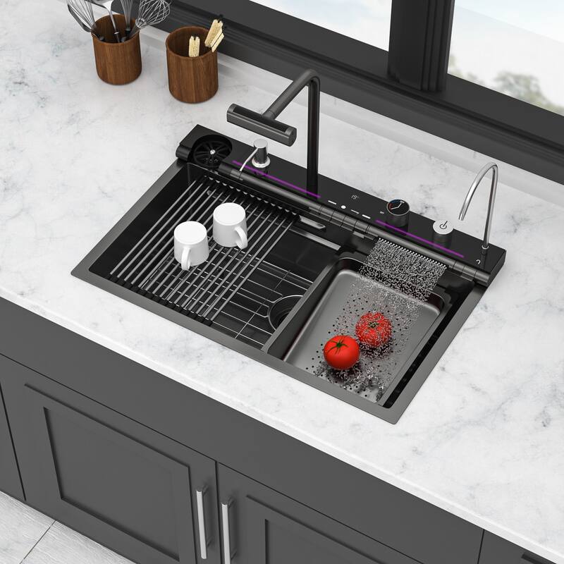 30" Drop-In 16 Gauge Single Bowl Stainless Steel Smart Digital Kitchen Sink with Faucet in Gunmetal Black - 30'' x 19'' x 9''