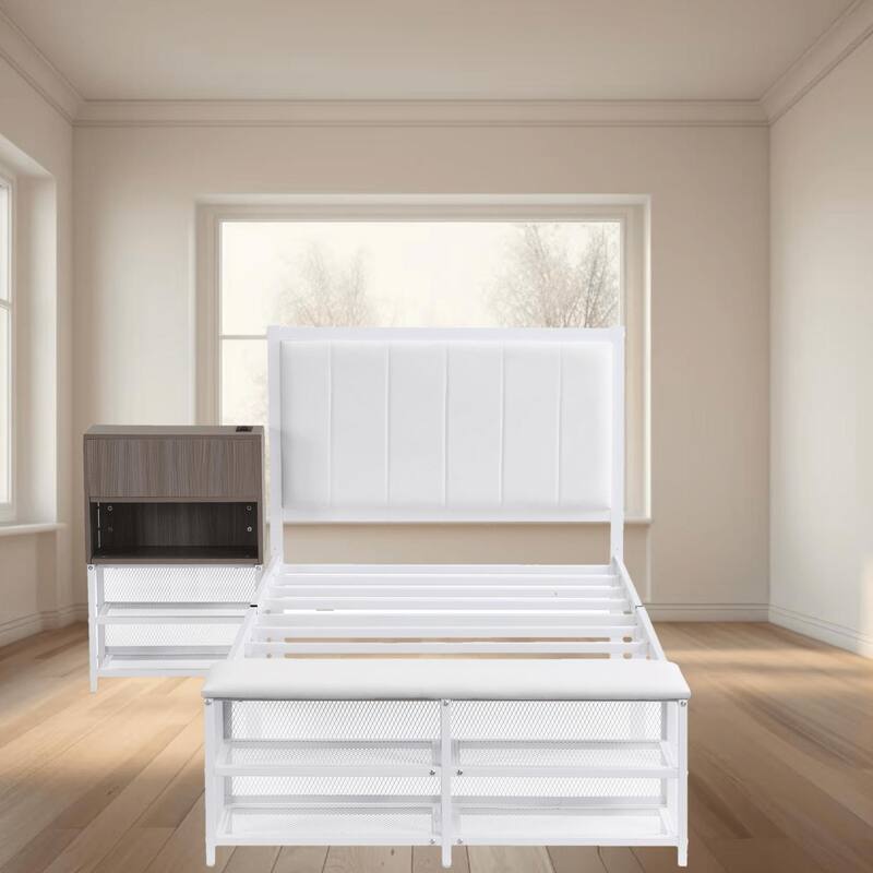 Twin Size Metal Platform Bed Frame with Two-Tier Storage Shelves and Wooden Cabinet, Sleek and Functional for Bedroom - White - Twin