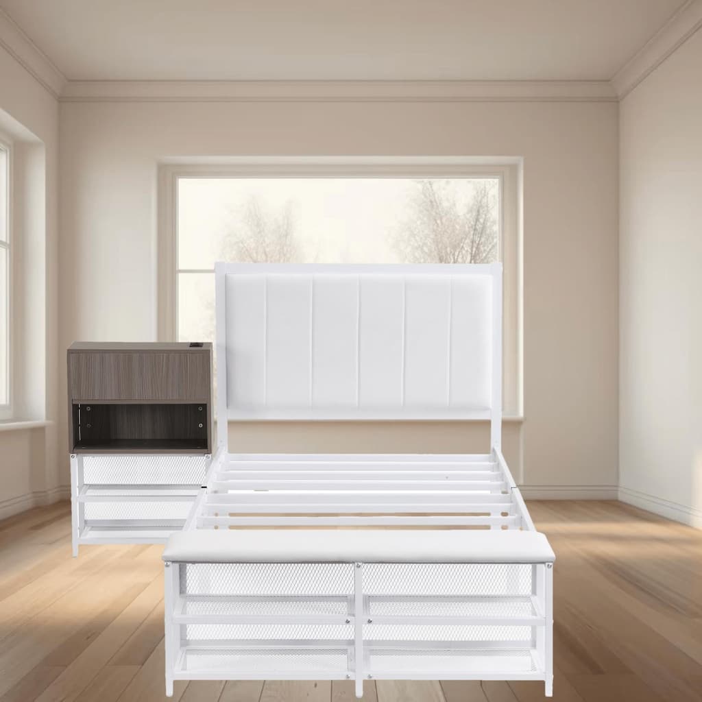 Twin Size Metal Platform Bed Frame with Two-Tier Storage Shelves and Wooden Cabinet, Sleek and Functional for Bedroom