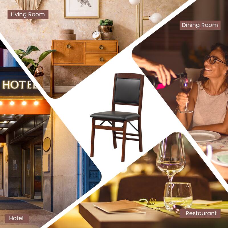 Set of 2 Black and Brown Folding Dining Chairs with Padded PU Leather Seat and Solid Wood - 19.5" x 16" x 34" (L x W x H)