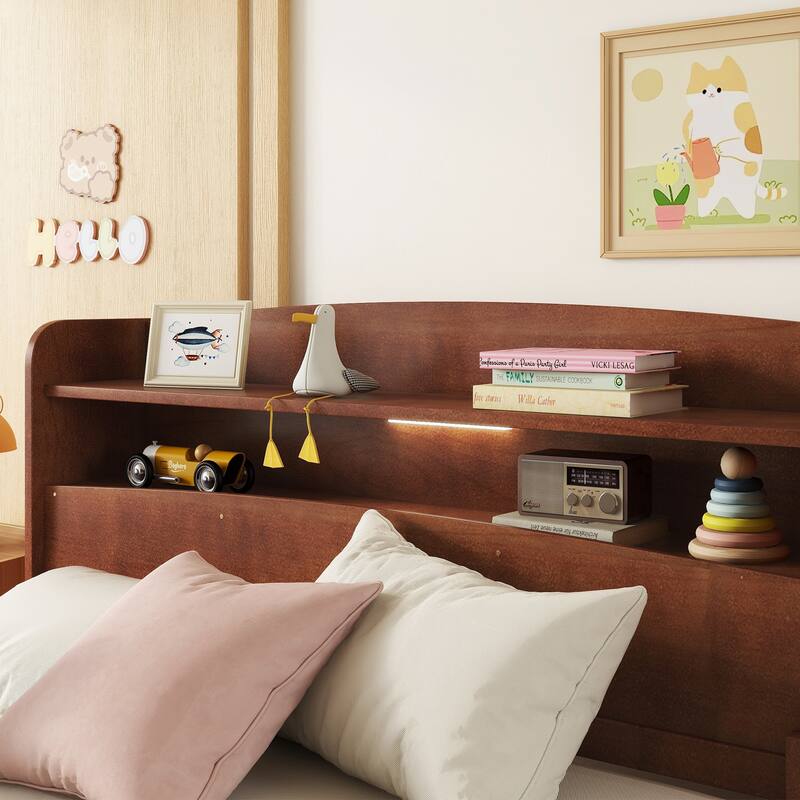 Pine Wood Bed with Bookcase Headboard