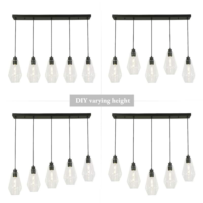 Modern Farmhouse 5-Light Black Linear Chandelier Glass Pendant Island Light for Dining Room - L38" x H75.2" Max