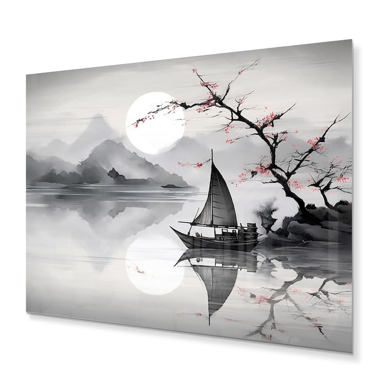 Designart "Asian Art Sailboat Sumi IV" Asian Art Large Metal Prints