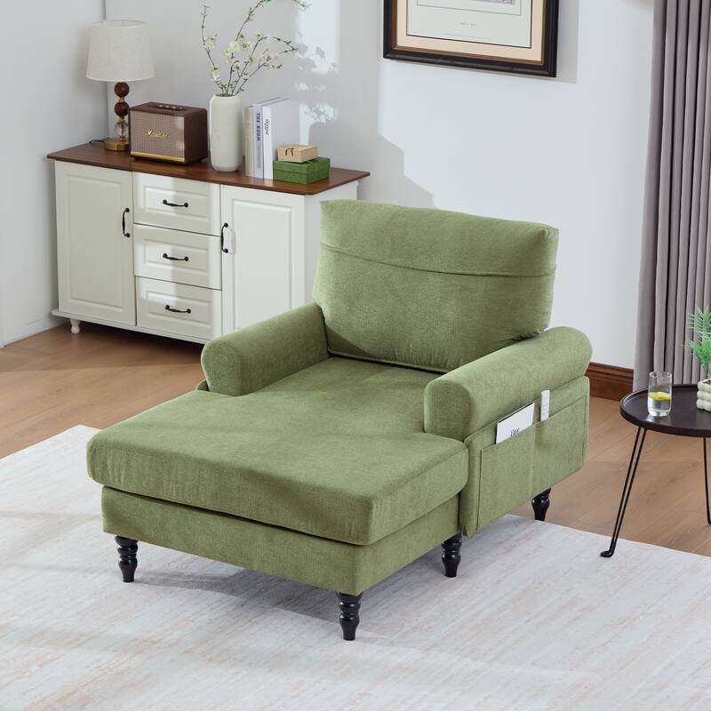 Modern Chaise Lounge Single Sofa Chair, Chenille Fabric Recliner Armchair with Side Pockets and Wooden Legs