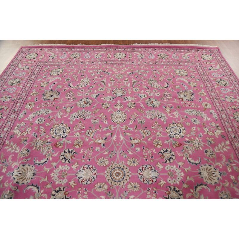 Floral Pink Kashan Oriental Area Rug Handmade Wool & Silk Carpet - 9'0"x 12'0"