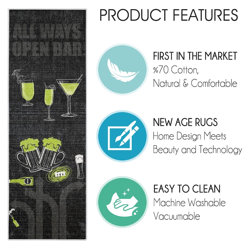 SussexHome Beer Wine Decor Thin Non Skid Washable Cotton Runner Rug - 20" x 59"