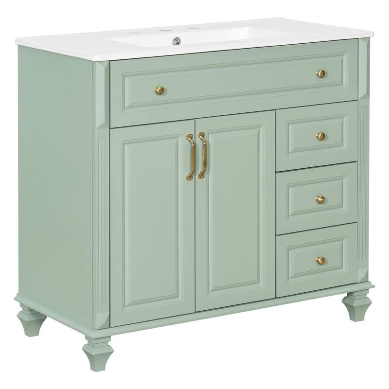36" Bathroom Vanity with Sink - Solid Wood Cabinet with Flip Drawer, 3 Drawers & 2 Doors, Gold Handles, Modern Vanity