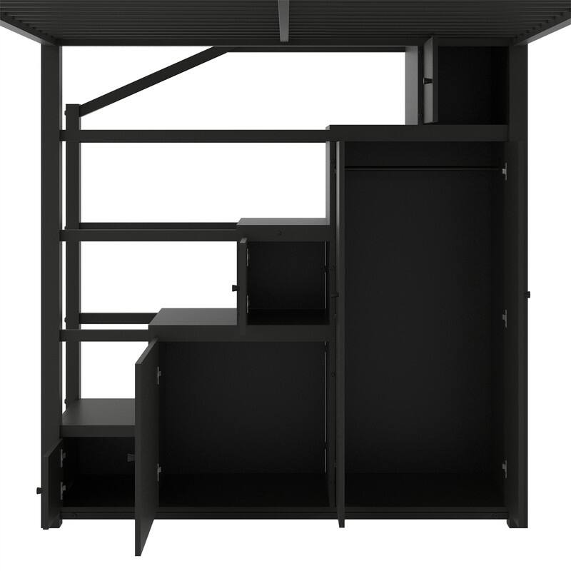 Full Size Loft Bed with Bulit-in Wardrobe and Cabinets, Metal Loft Bedframe with Storage Staircase and Open Shelves