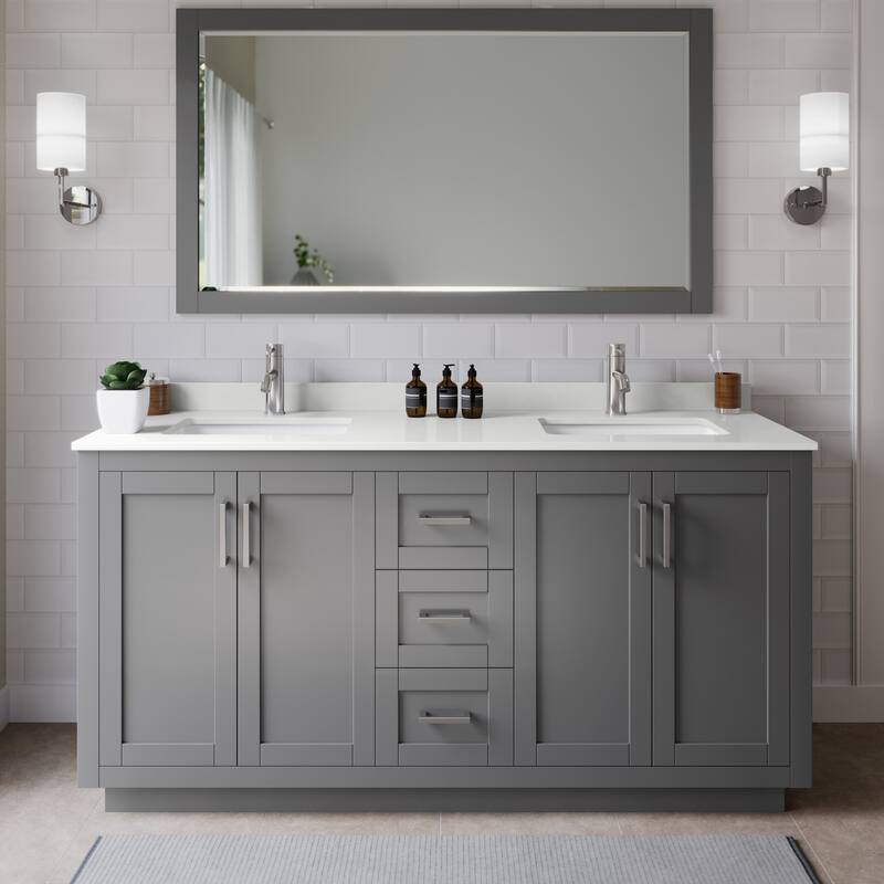 Wyndham Collection WCF292966D-QTZ-UNSM58 Miranda 66" Free Standing - Dark Gray / White Quartz Top / Brushed Nickel