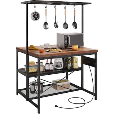 47" 3 Tier Kitchen Island Table with Storage Shelf and Hooks - N/A