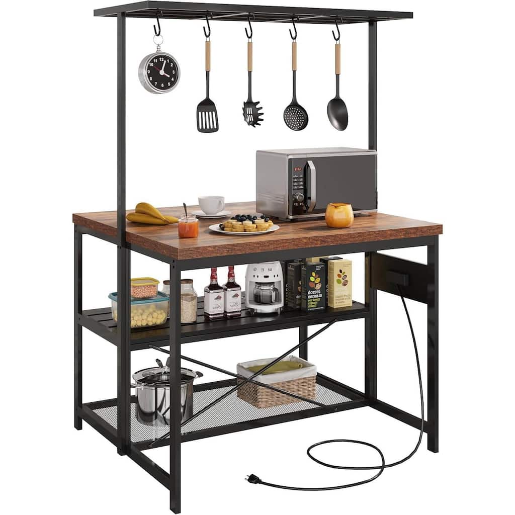 47" 3 Tier Kitchen Island Table with Storage Shelf and Hooks - N/A
