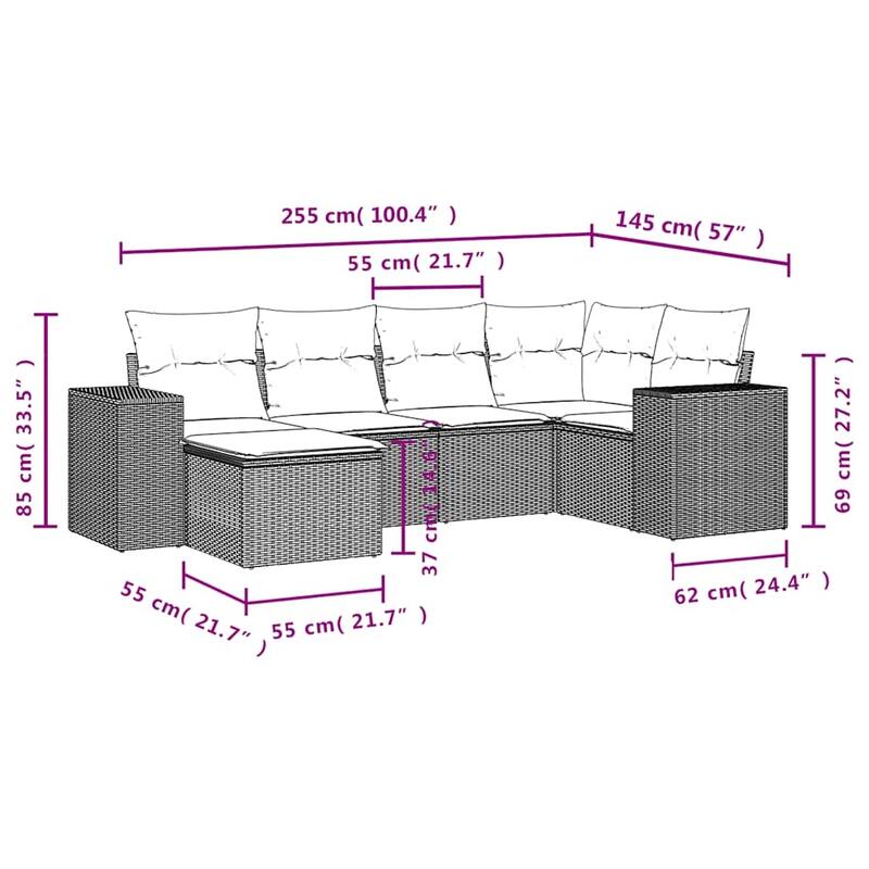 vidaXL 6/7 Piece Patio Sofa Set with Cushions Black/Brown/Gray Poly Rattan - 24.4 x 24.4 x 27.2
