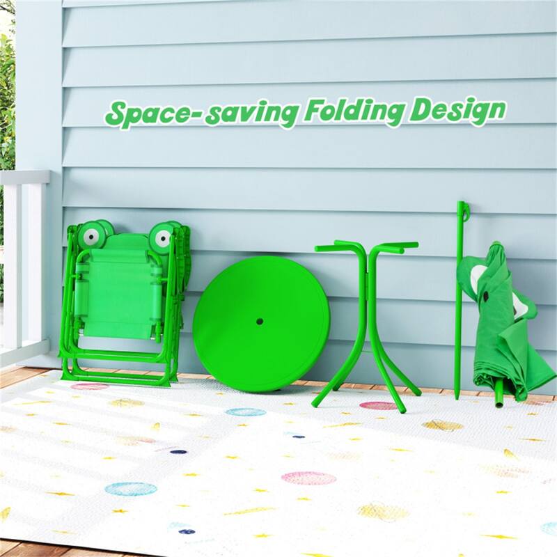 Kids Outdoor Picnic Table and Chair Set with Adjustable Umbrella Lion Pattern Foldable Table and Chairs for Ages 2-5