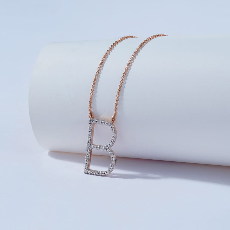1/20ct TDW Diamond Classic Initial Pendant Necklace in Silver for Women - B - Rose