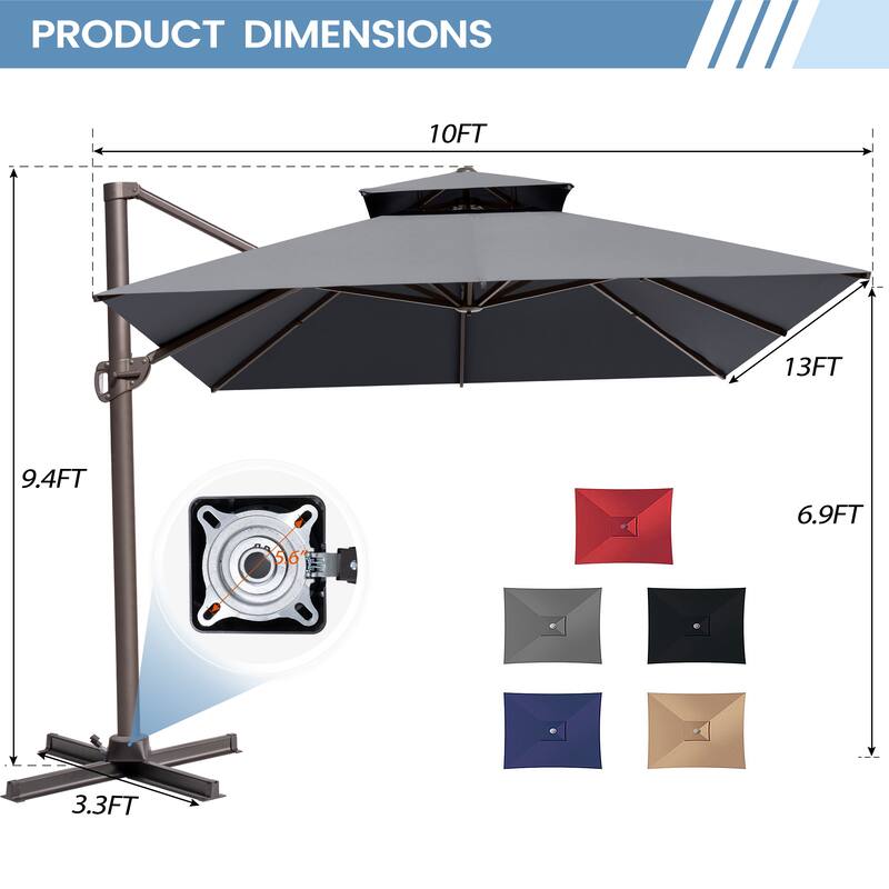 10 x 13 Feet Double Top Rectangular Patio Offset Cantilever Umbrella Aluminum with Crank