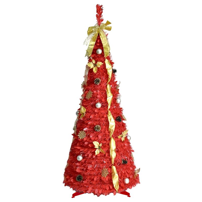 HomeRoots 6' Red Tinsel Pre Lit Pop Up Christmas Tree With Decorations - 30.00 in. x 72.00 in. x 30.00 in.