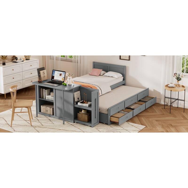 Space-Saving Twin Platform Bed with Built-in Desk, Trundle, 3 Drawers, and Storage Shelf
