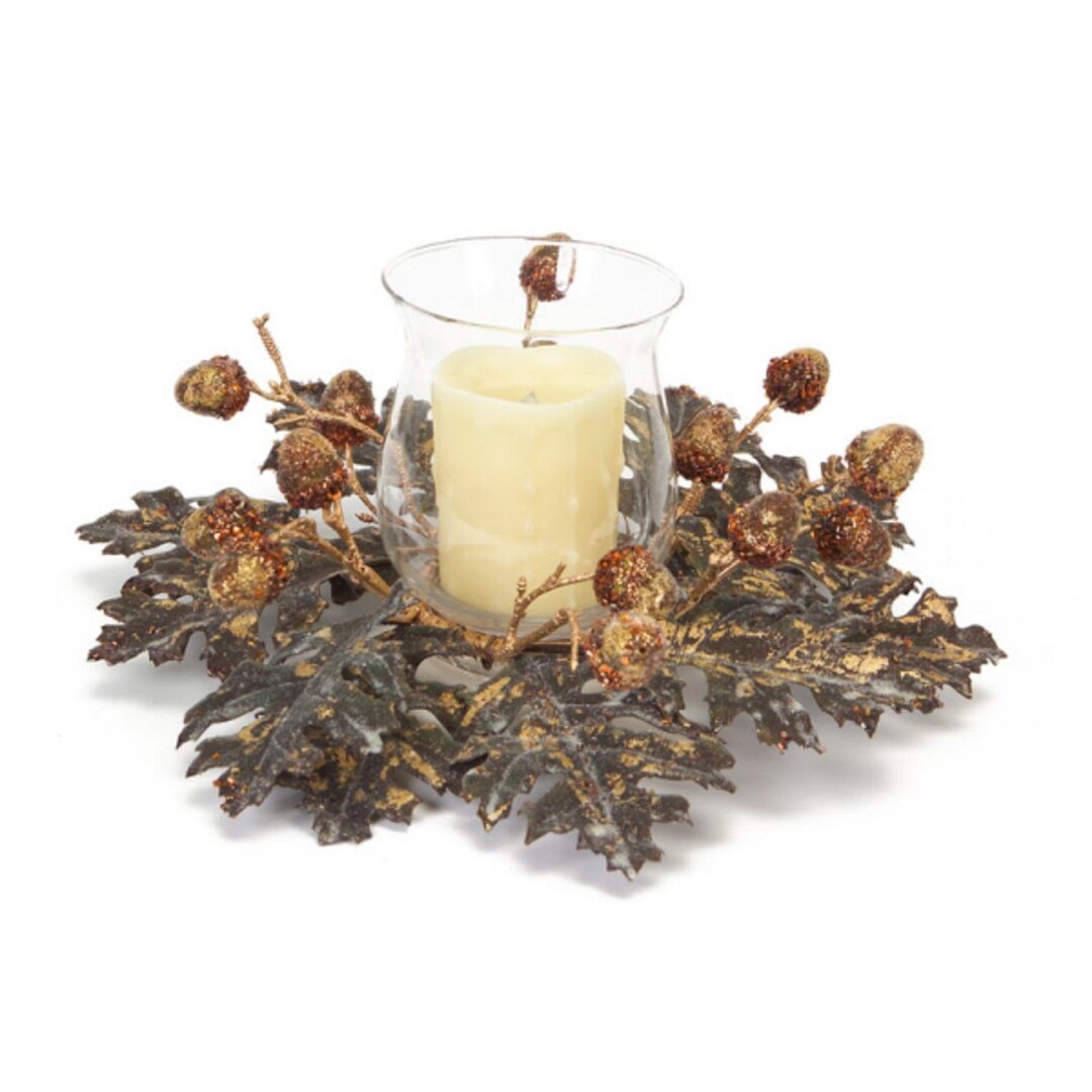 Shop 14 Shimmering Oak Leaf And Acorn Hurricane Glass Christmas Candle Holder Overstock 16539662