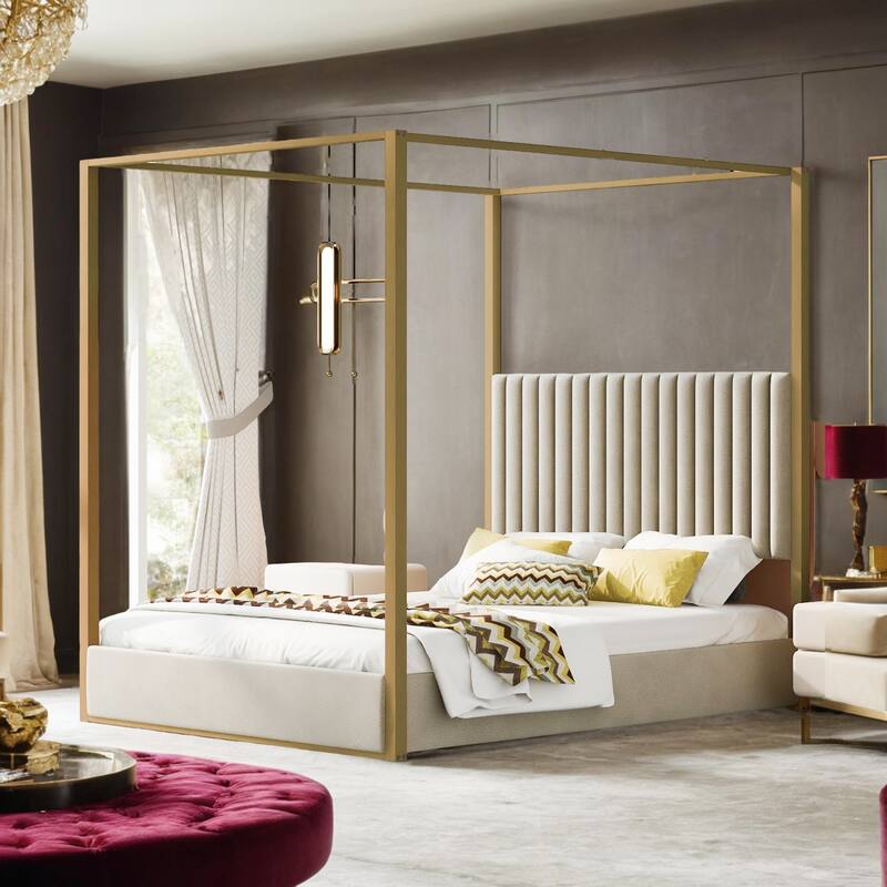 Queen Size Upholstery Canopy Platform Bed with Headboard and Metal Frame