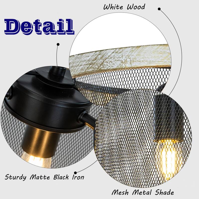 3-Light 16" Black Mesh And Weathered White Wood Frame Rustic Farmhouse Industrial Drum Chandelier Pendant Dining Room - W16''