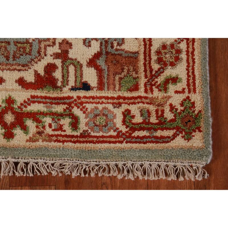 Hand Knotted Oriental 100% Wool Carpet Traditional Geometric Green Heriz (serapi) Runner Rug - 8' 0'' X 2' 6''