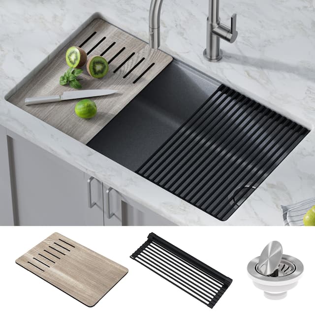 KRAUS Bellucci Workstation Undermount Granite Composite Kitchen Sink - 32" L x 19" W (sink KGUW2-33MGR) - Metallic Grey