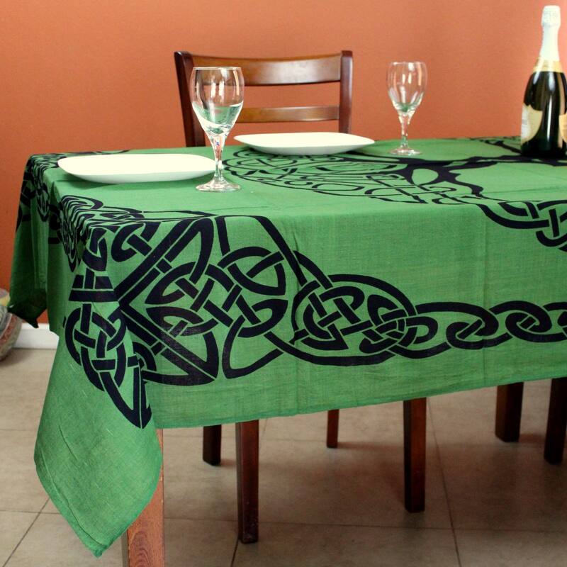 Cotton Celtic Tree of life Tablecloth Rectangle with Fringes - 60 x 90 in - Green