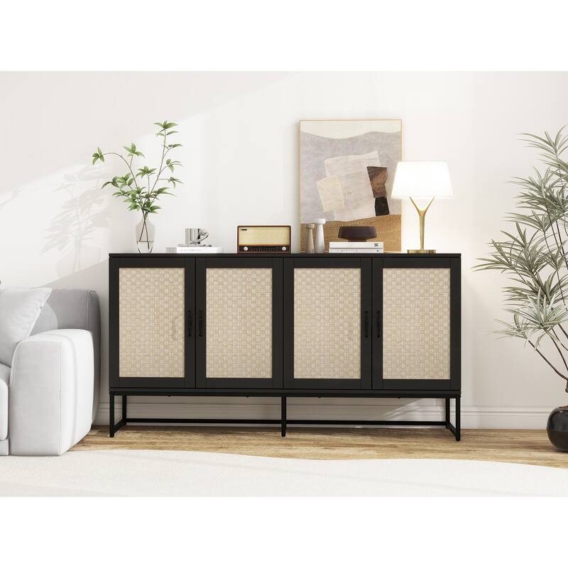 Engineered Rattan Buffet Accent Storage Cabinet 4-Door Sideboard with Adjustable Shelf, Cupboard Console Table Hallway Cabinet