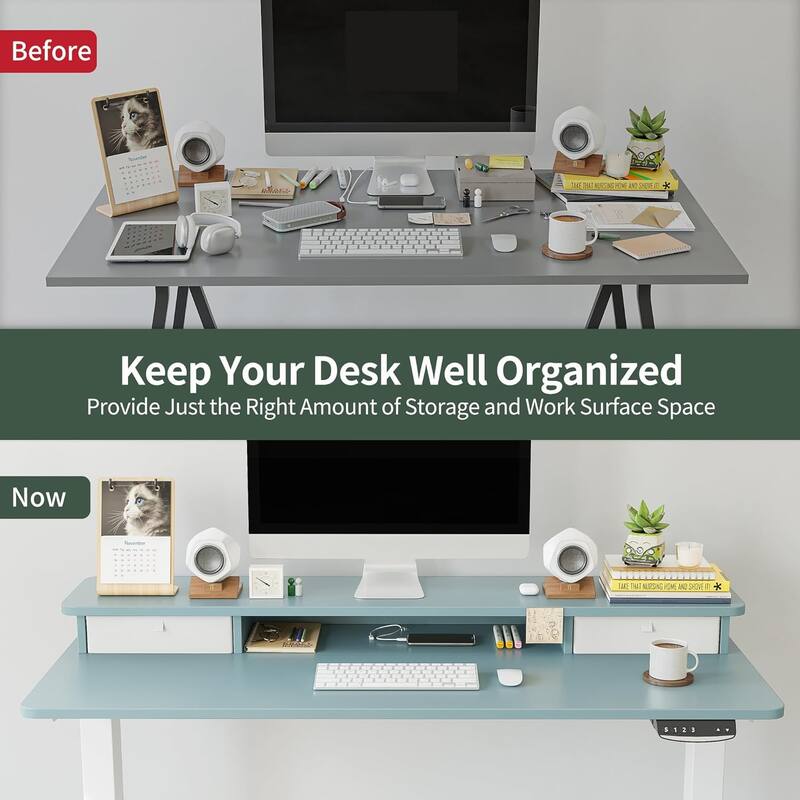 FEZIBO Height Adjustable Electric Standing Desk with Double Drawer, Stand Up Desk with Storage Shelf, Sit Stand Desk
