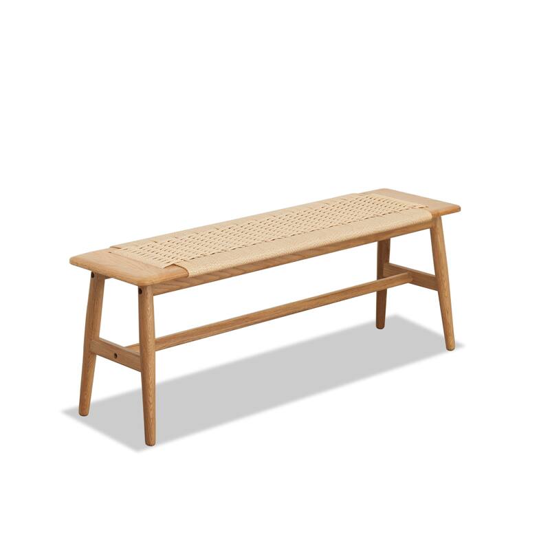 (1.2M) Woven Design Natural Oak Wood Dining Bench Bed Bench for Dining Room, Bedroom, Bathroom