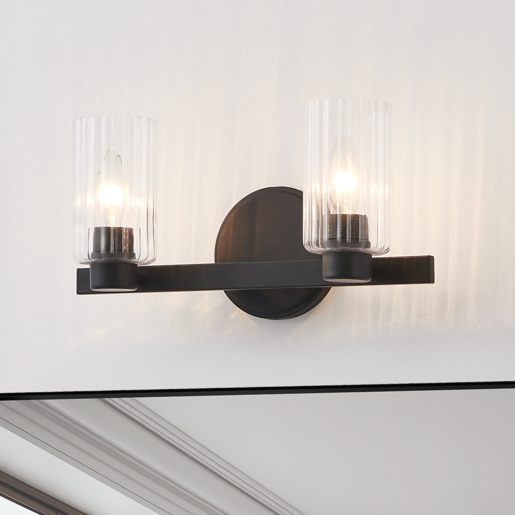 Thesis Bedminster 14-inch 2-light Matte Black Vanity Light with Clear Ribbed Glass Shades