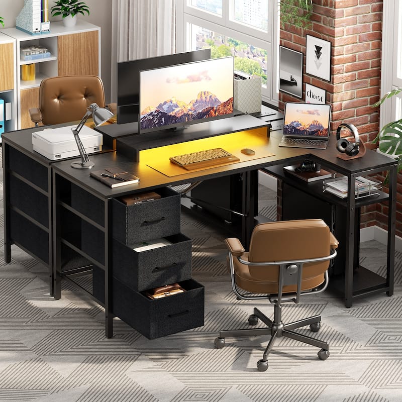 Reversible 53'' L Shaped Computer Desk with Power Outlets & LED Lights,Gaming Desk with 3 Drawers & Monitor Stand