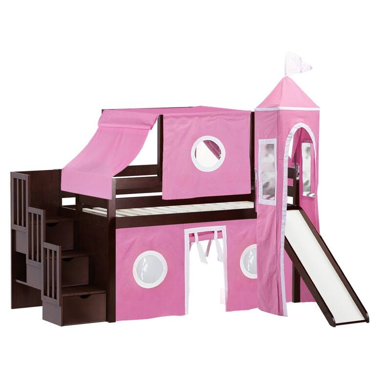 JACKPOT Prince & Princess Low Loft Twin Bed, Stairs Slide Tent & Tower