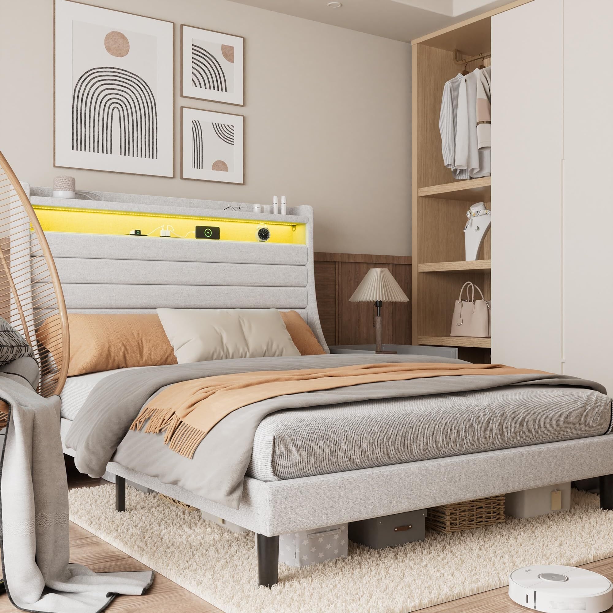 Bed Frame with USB Charging Station & LED Lights, LED Platform Bed with 2-Tier Upholstered Storage Headboard