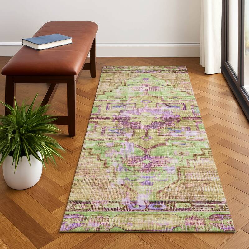 Premium Washable Super Soft Vintage Traditional Mayfield Rug - Lime - 2'3" x 7'6"