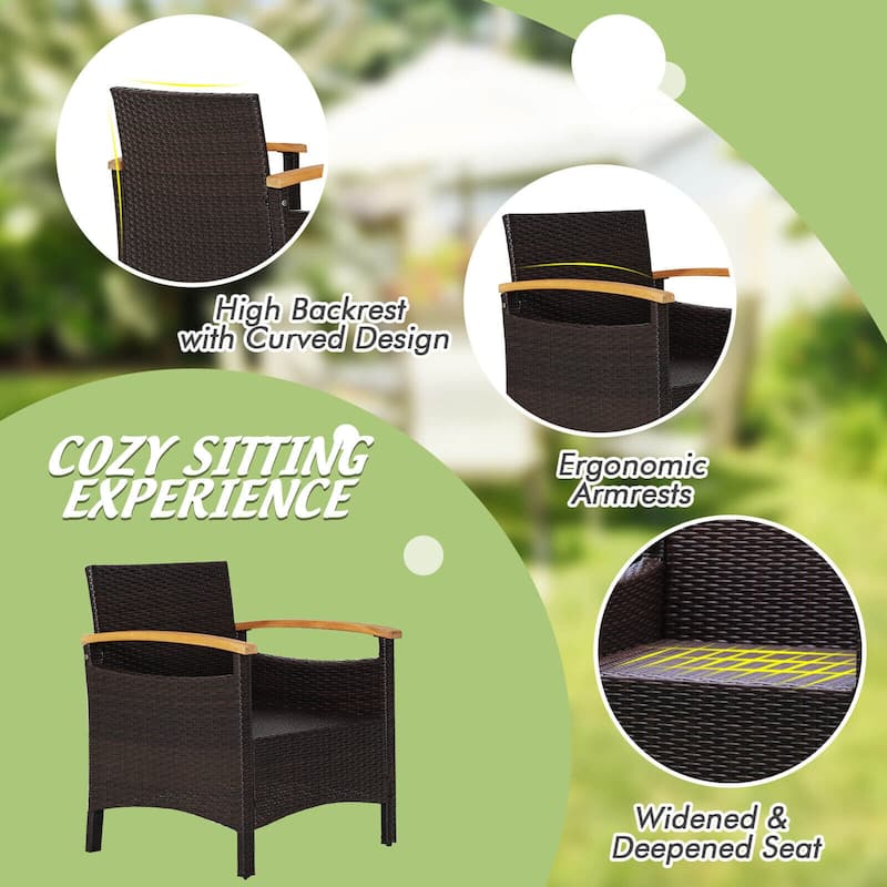 Patio Rattan Furniture Set with Removable Cushion - 3 Pieces - Single Sofa: 25" x 24" x 29"