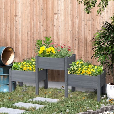 2 Tiered Raised Garden Bed with 3 Planter Box, Elevated Wooden Plant Stand Freestanding Raised Planter for Vegetables, Gray