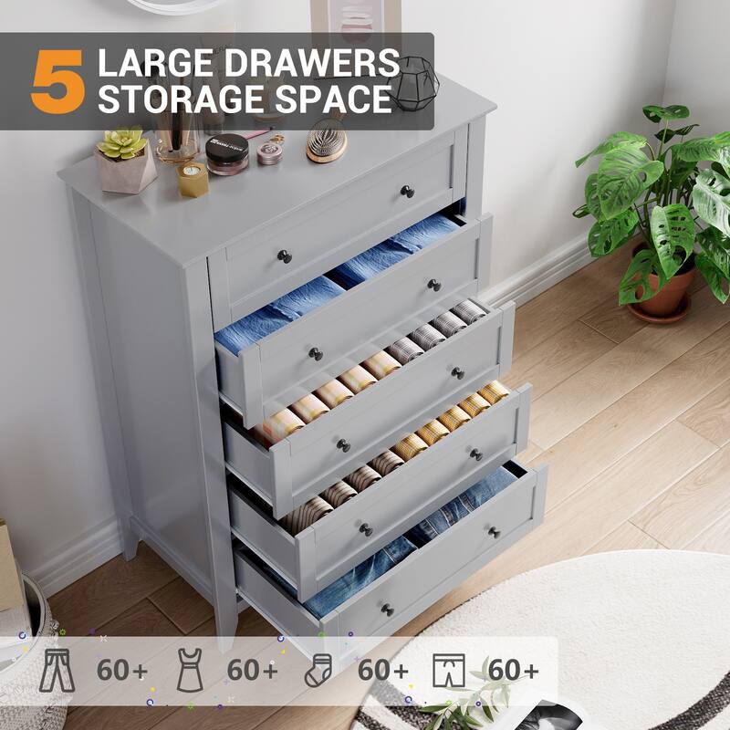 5 Drawer Dresser with Deep Drawers and Nickel Round Handle
